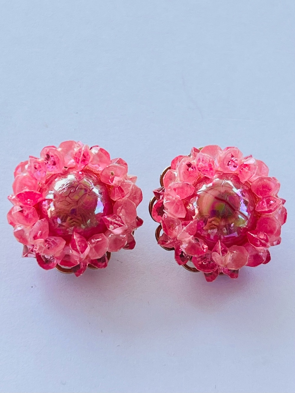 Vintage 1950s Pink Lucite Cluster Clip-On Earrings Gold Filigree